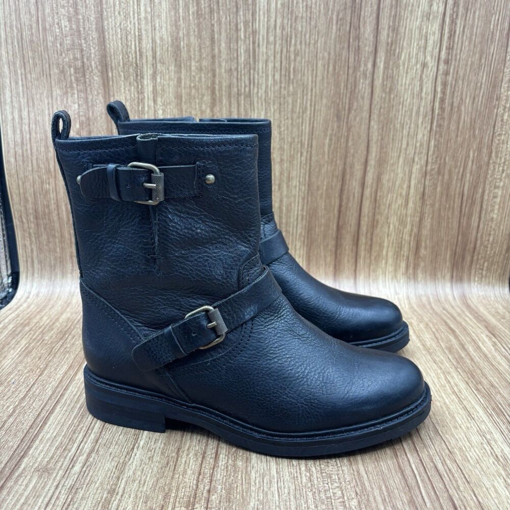 J. Crew Women’s 6 M Black Leather‎ Moto Biker Riding Combat Buckle Boots A9809